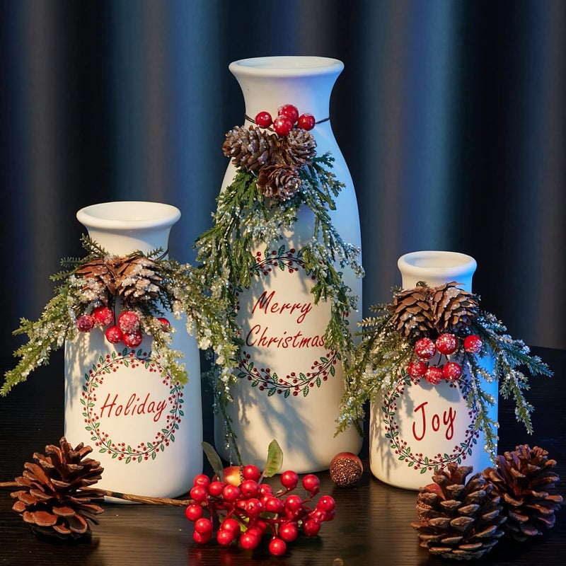 Wortour Artificial Christmas 3-Piece Set Flocked with Mixed Xmas Decorations Ceramic White Bottles - Image 3